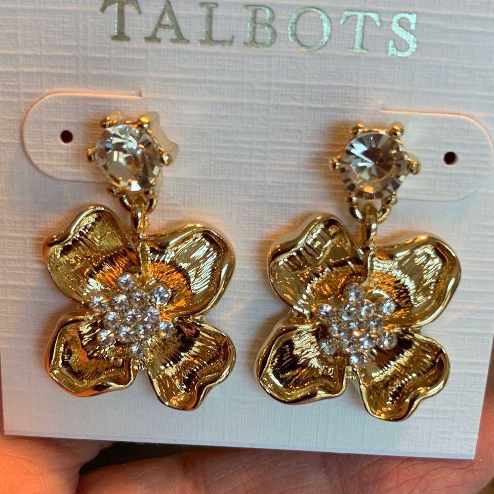 Talbots Gold Flower Crystal Drop Earrings NWT